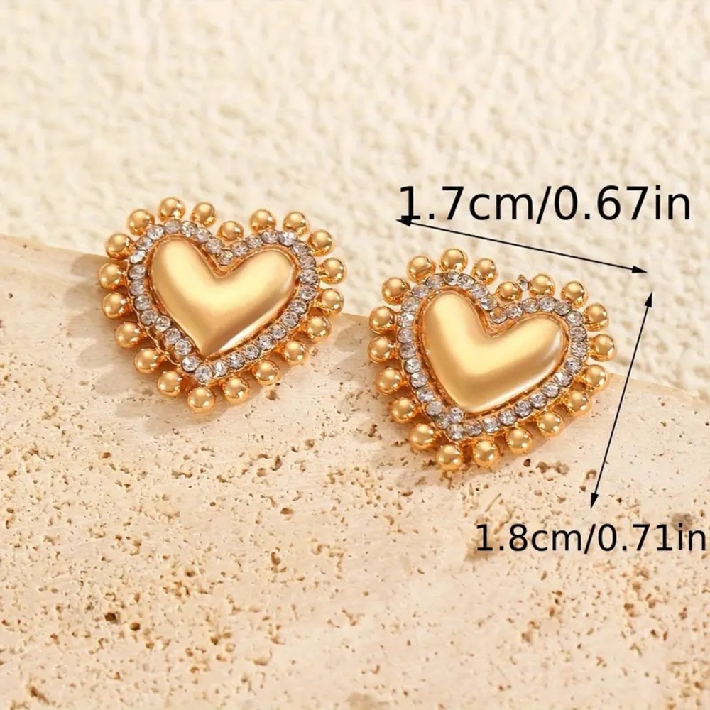 Gold Rhinestone Heart Stud Earrings - Picture 2 of 5